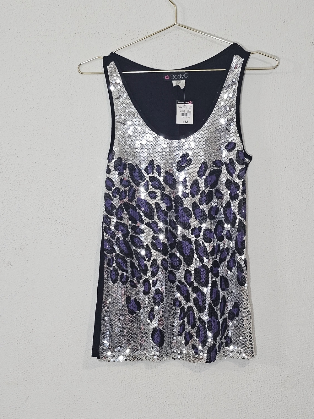 Y2K Body C Women's Silver Sequin Tank with Purple Leopard Print